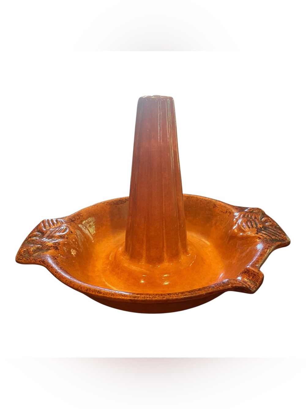 Vtg Vertical Glazed Terracotta Chicken Roaster with Rooster Handles Pour Spout